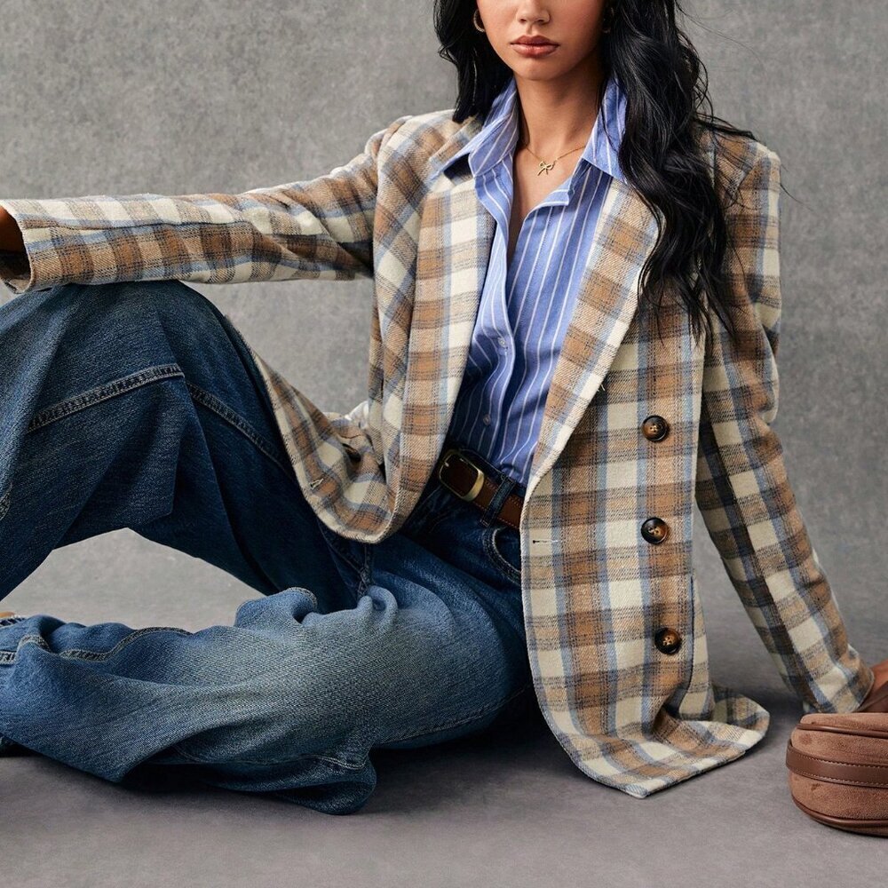 Multicolor Casual Women's Plaid Print Double-Breasted Long Sleeve Blazer Jacket